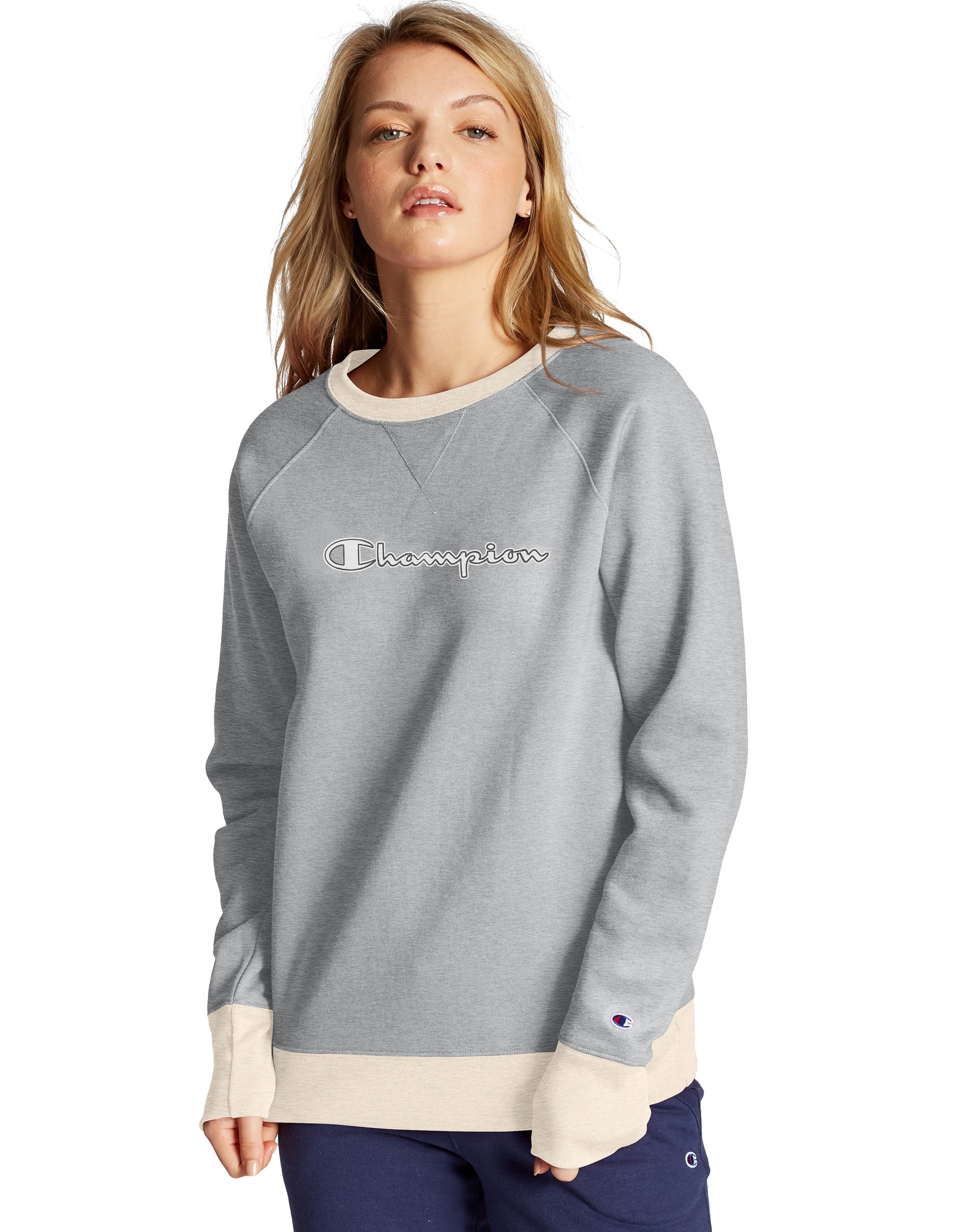 Women s Champion Powerblend Fleece Crew Chainstitch Logo Oxford Grey Heather Oatmeal Heather 2XL Walmart