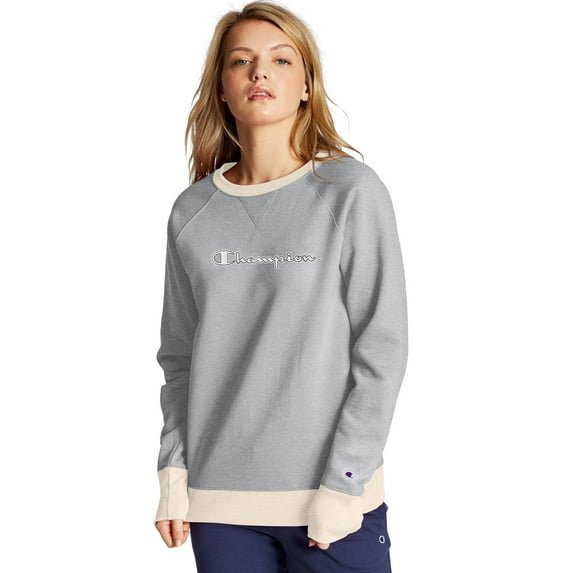 Women's Champion Powerblend Fleece Crew, Chainstitch Logo Oxford Grey Heather/Oatmeal Heather 2XL
