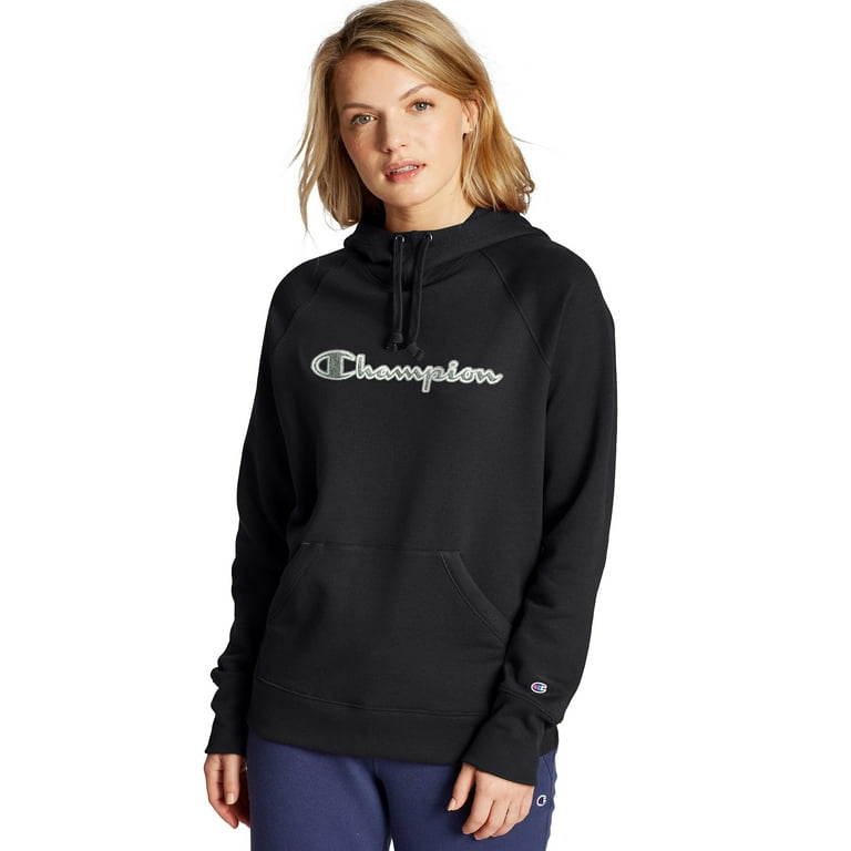 Women s Champion Powerblend Fleece Pullover Hoodie Chainstitch Logo Black XL