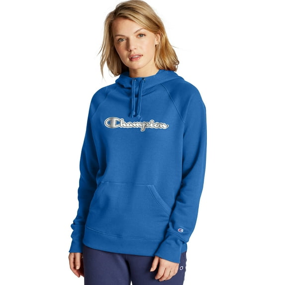 Women's Champion Powerblend Fleece Pullover Hoodie, Chainstitch Logo Blue Jay L