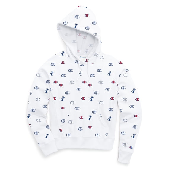 Women's Champion Reverse Weave Pullover Hood, All-over Logo All Over White/Surf The Web/Red Spark XL