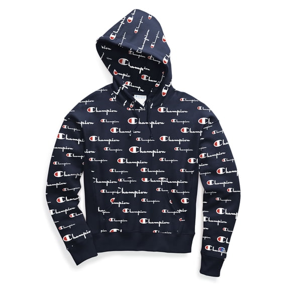 Women's Champion Reverse Weave Pullover Hood, All-over Logo Script Multi Scale Navy S