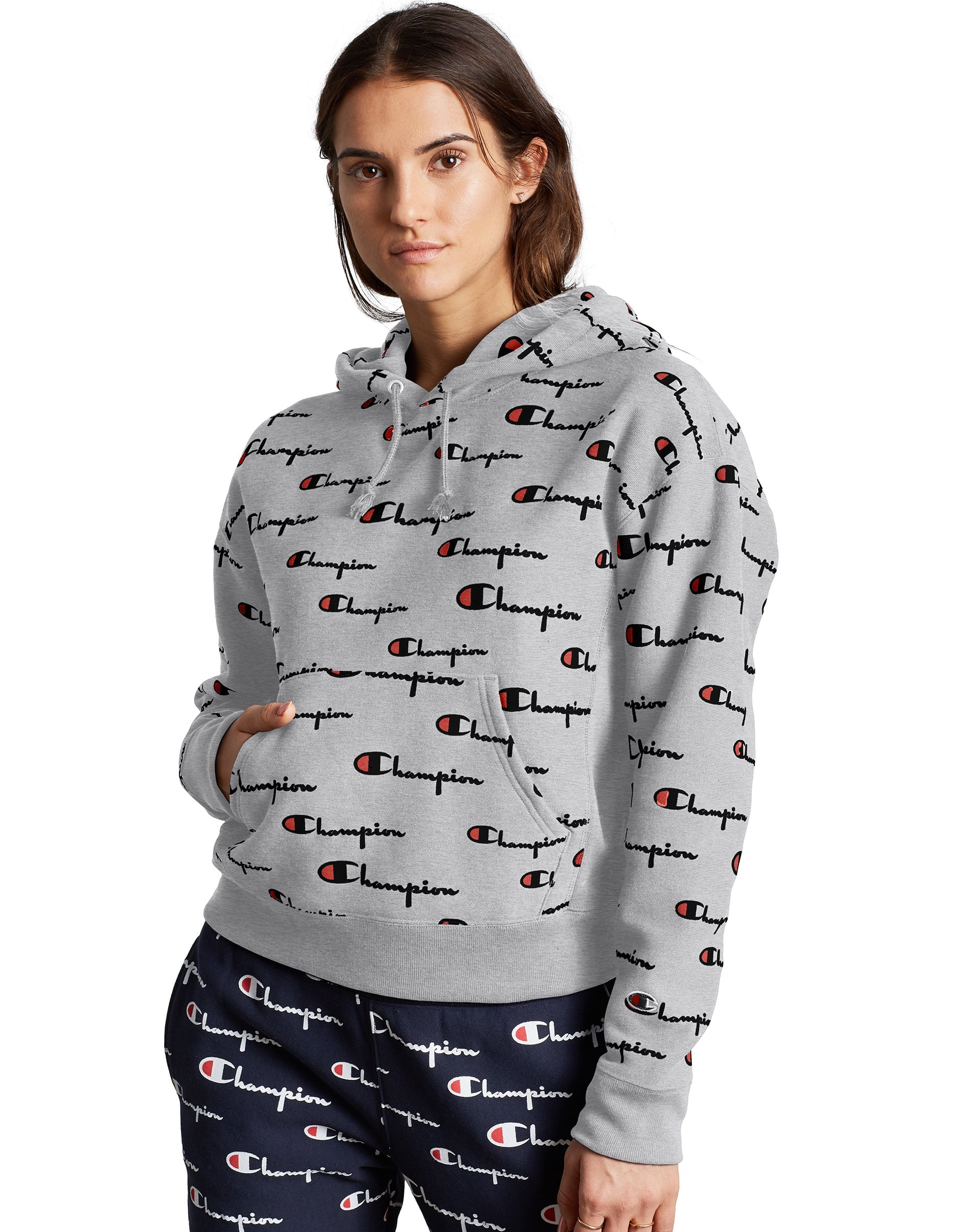 Champion reverse weave shop allover script grey hoodie