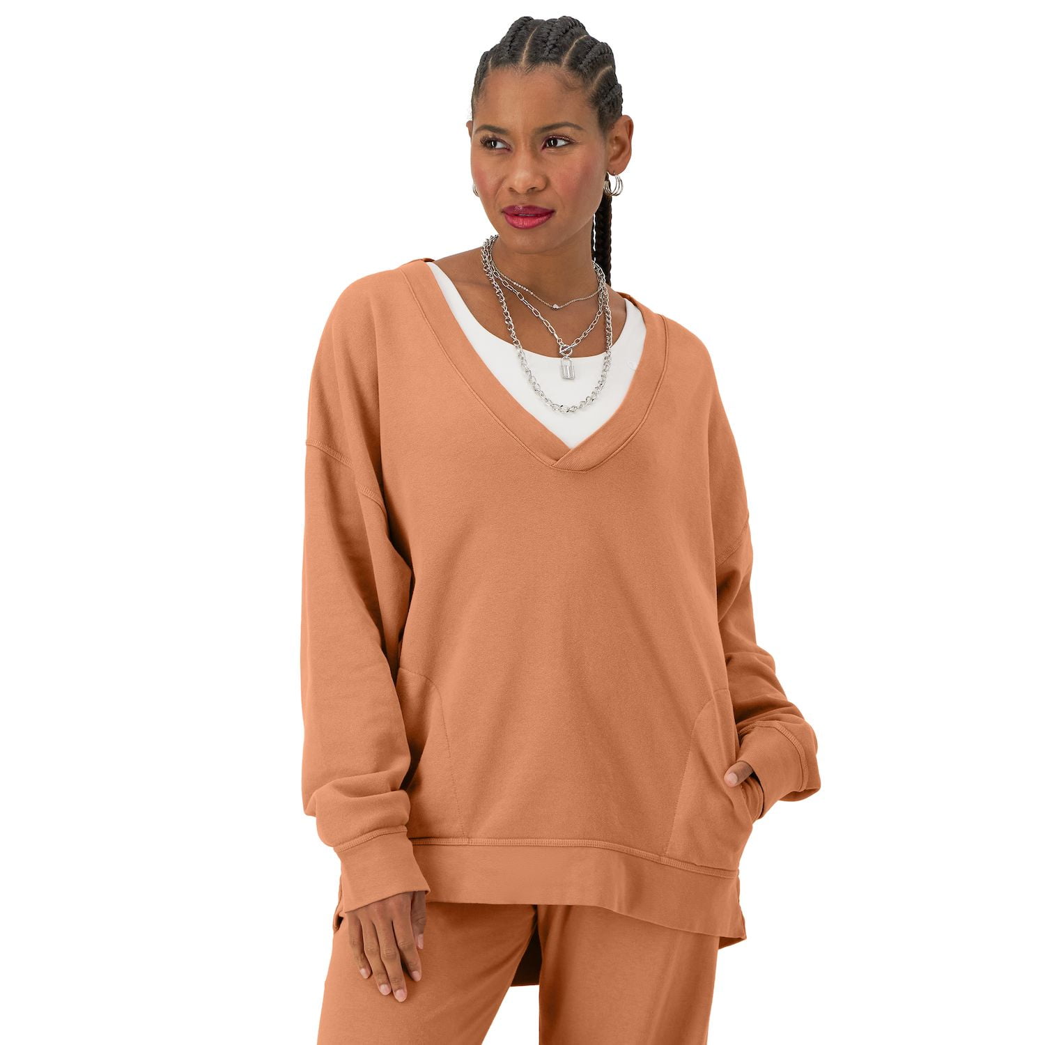 Women s Champion Vintage Wash Oversized V Neck Pullover Color Canyon Red Size LARGE Walmart