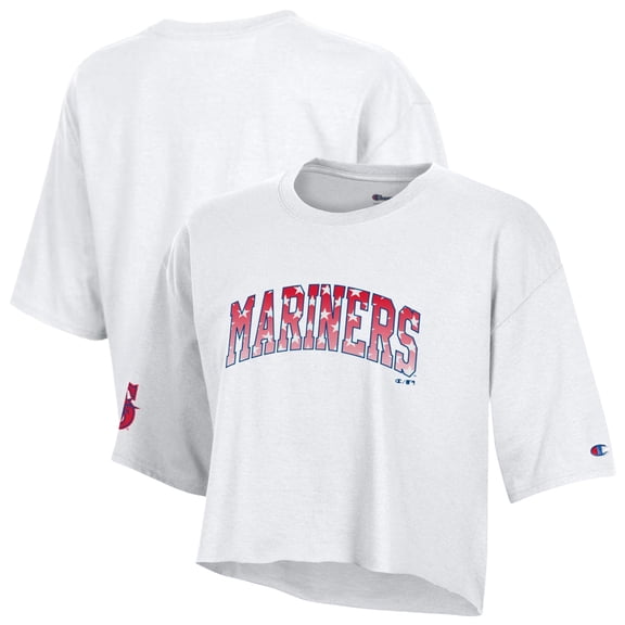 Women's Champion  White Seattle Mariners Boyfriend Cropped Americana T-Shirt