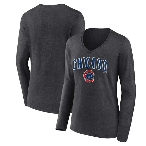 Women's Charcoal Chicago Cubs Team Lockup Long Sleeve V-Neck T-Shirt