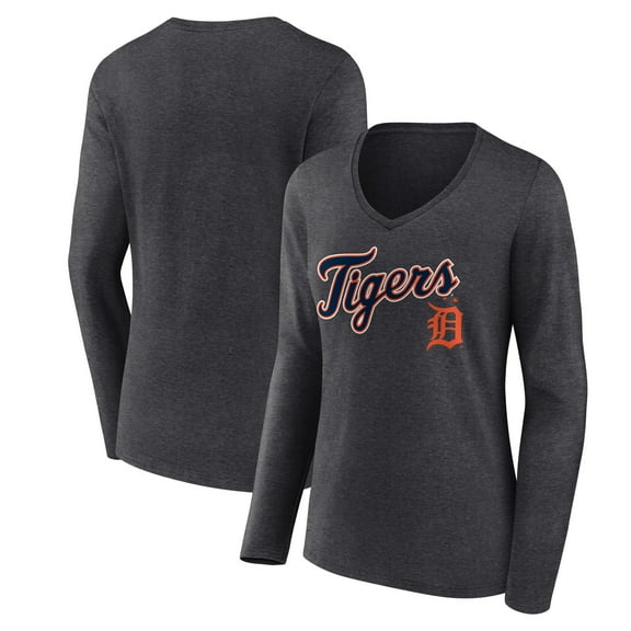 Women's Charcoal Detroit Tigers Team Lockup Long Sleeve V-Neck T-Shirt