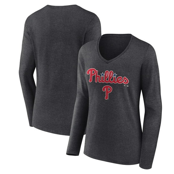 Women's Charcoal Philadelphia Phillies Team Lockup Long Sleeve V-Neck T-Shirt