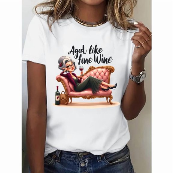 Women's Charming Aged Like Fine Wine Wine - Loving Grandma Graphic Tees Classy Wine - Focused Print T - shirts With Elegant Lady Enjoying Wine On Sofa Comfy Short Sleeve Casual Daily Shirts