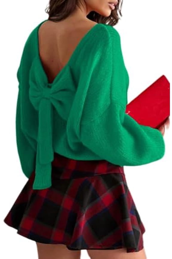 Women's Charming Bow-Back Knit Top Seductive Loose-Fit Round-Neck Pullover