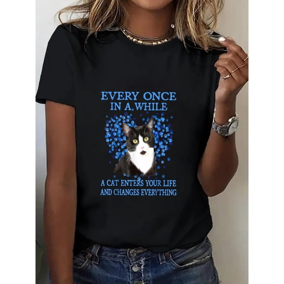 Women's Charming Cat - Themed Inspirational Graphic Tees Witty Cat - Focused Print T - shirts With Cat And Witty Text Comfy Short Sleeve Casual Daily Shirts Great For Those Who Love Cats