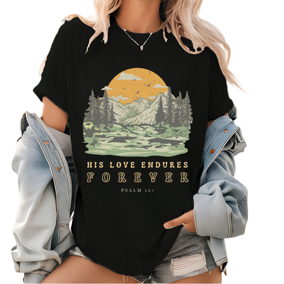 Women's Charming "His Love Endures Forever" Religious - Inspired Graphic Tees Witty Print T - shirts With Mountain, Sunset And Biblical Text Design Comfy Short Sleeve Casual Daily Shirts