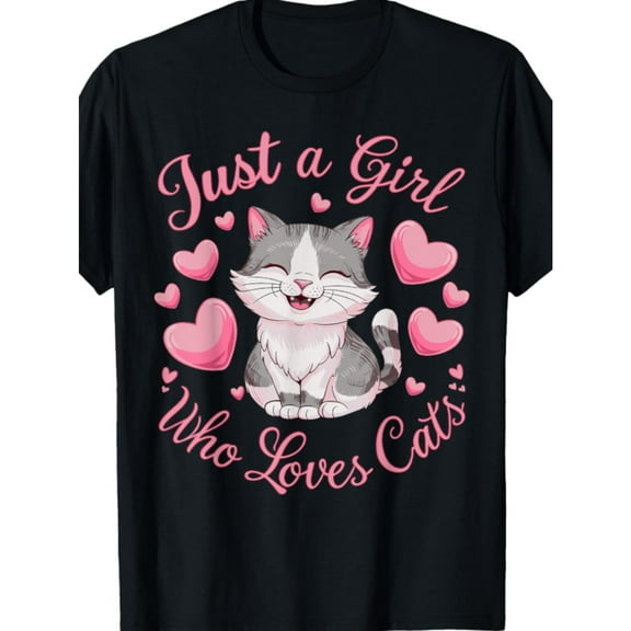Women's Charming "Just A Girl Who Loves Cats" Cat Graphic Tees Witty Cat - Focused Print T - shirts With Cute Cat And Hearts Comfy Short Sleeve Casual Daily Shirts Great For Those Who Love Cats