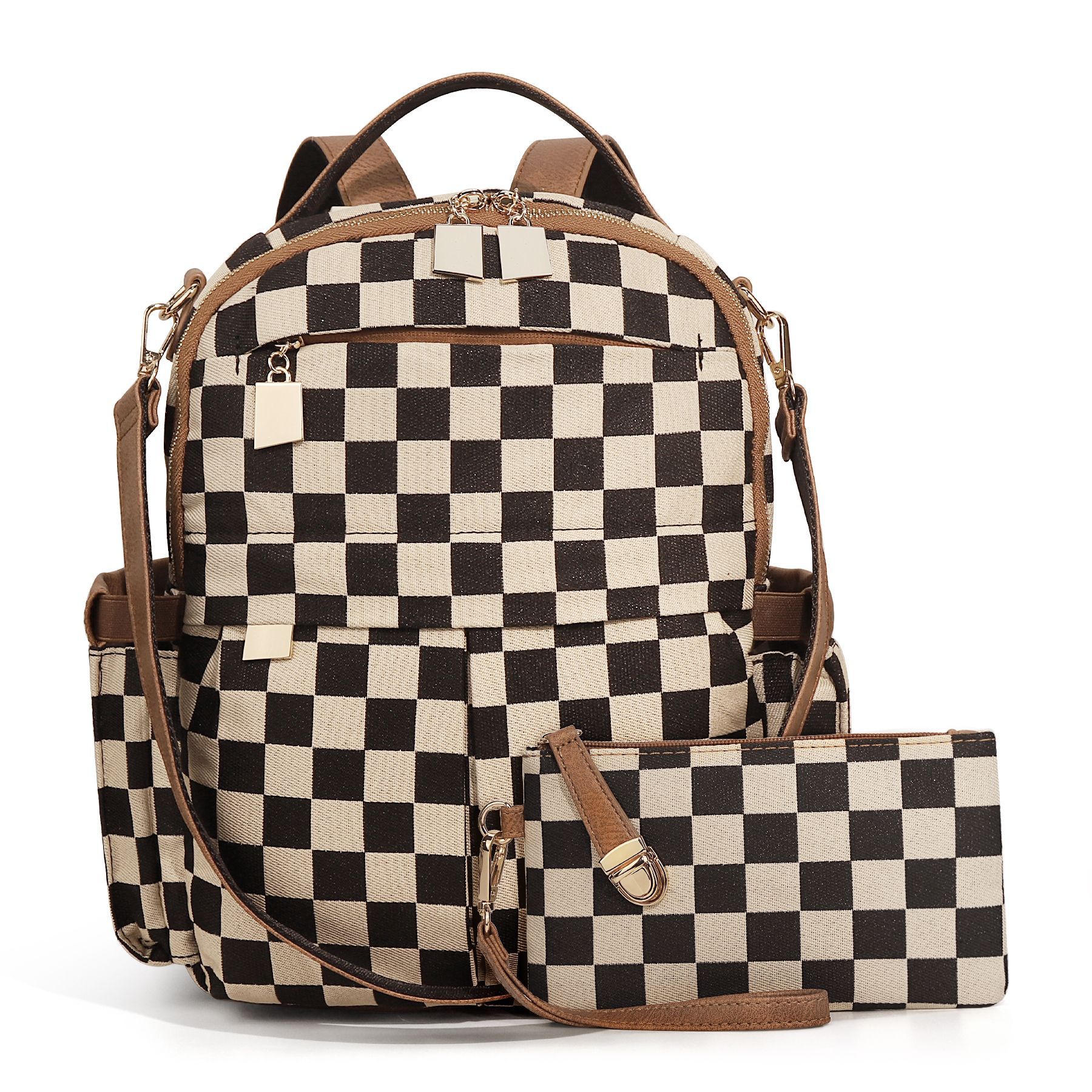 Black and Cream Checkered Women\'s Convertible Backpack Purses use 3 Ways New Convertible Strap CREAM Flap Cover Plaid Leather Handbags  main image 3
