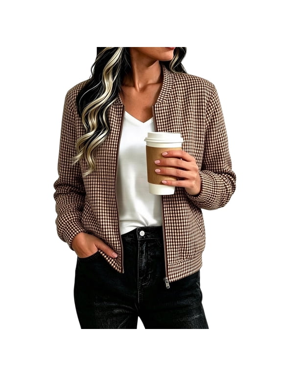 Women's Checkered Bomber Jacket Full Zip Up Casual Coat with Ribbed Cuffs Lightweight Streetwear Outerwear