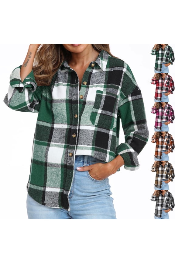 Women's Checkered Button Down Shirt Jacket Top Blouse Long Sleeve Loose Fit Casual Daily Wear Work Office Vacation Fashion Essential Gift | Aestivo,Hot Pink L