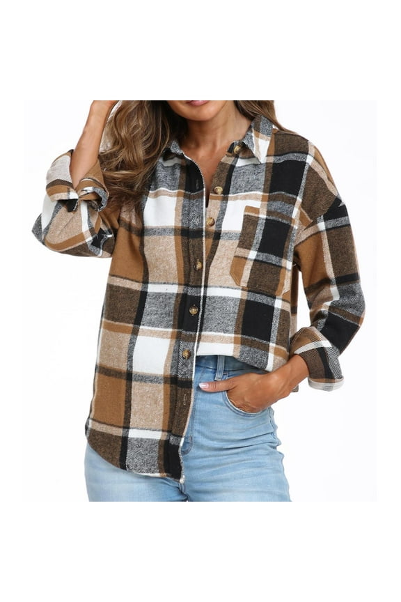 Women's Checkered Button Down Shirt Jacket Top Blouse with Long Sleeves, Casual Oversized Fit for Work Office Business Casual Daily Wear Fashion Essential Gift | Aestivo,Brown L