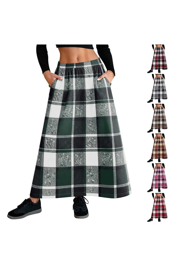 Women's Checkered Buttoned Pocket Skirt with Wool Twill Waistband, A-Line Midi Skirts for Women Casual Daily Wear Business Office Vacation Outfits Fashion Essential Gift | CSEONE,Wine L