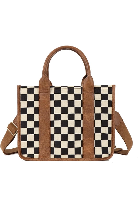 Women's Checkered Crossbody Bag, Canvas Work Tote Bag - Checkered Women's Bag, Black and White Top-handle Bag with Shoulder Strap