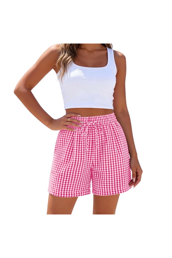 Women's Checkered Double Pocket Drawstring Elastic Waist Loose Sporty Shorts