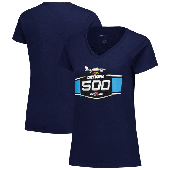 Women's Checkered Flag Sports Navy Daytona International Speedway 2026 Daytona 500 V-Neck T-Shirt