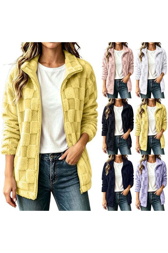 Women's Checkered Fleece Zip Up Jacket Oversized Stand Collar Cozy Plush Coat Soft Long Sleeve Loungewear with Pockets Warm Winter Outwear Yellow