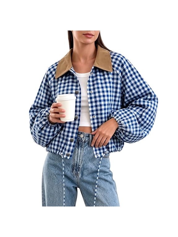 Women's Checkered Jacket Color Contrast Collar Button Up Long Sleeve Cropped Casual Gingham Plaid Shacket Vintage Streetwear Spring Fall Coat Tops Blue