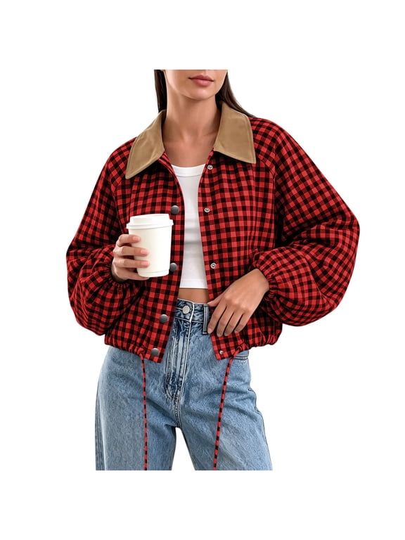 Women's Checkered Jacket Color Contrast Collar Button Up Long Sleeve Cropped Casual Gingham Plaid Shacket Vintage Streetwear Spring Fall Coat Tops Red