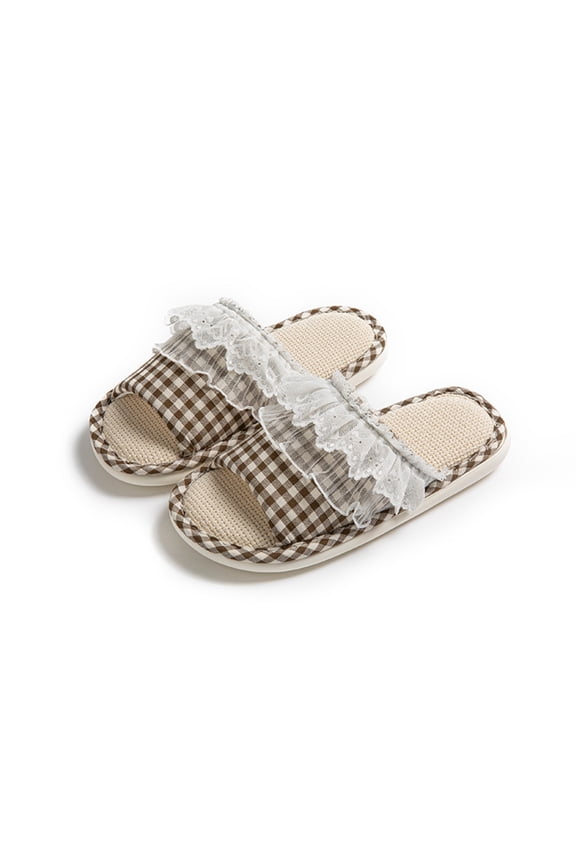 Women's Checkered Open Toe Fluffy Slides, Woven Pattern Band Cozy Soft Faux Fur Slide Sandals With Comfortable Flat Bottom Anti Slip Insole Lightweight Home Bedroom Mules,Coffee 5.5