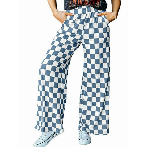 Women's Checkered Pants Wide Leg with Elastic Waist & Pockets Comfortable Casual Sea Blue XXL