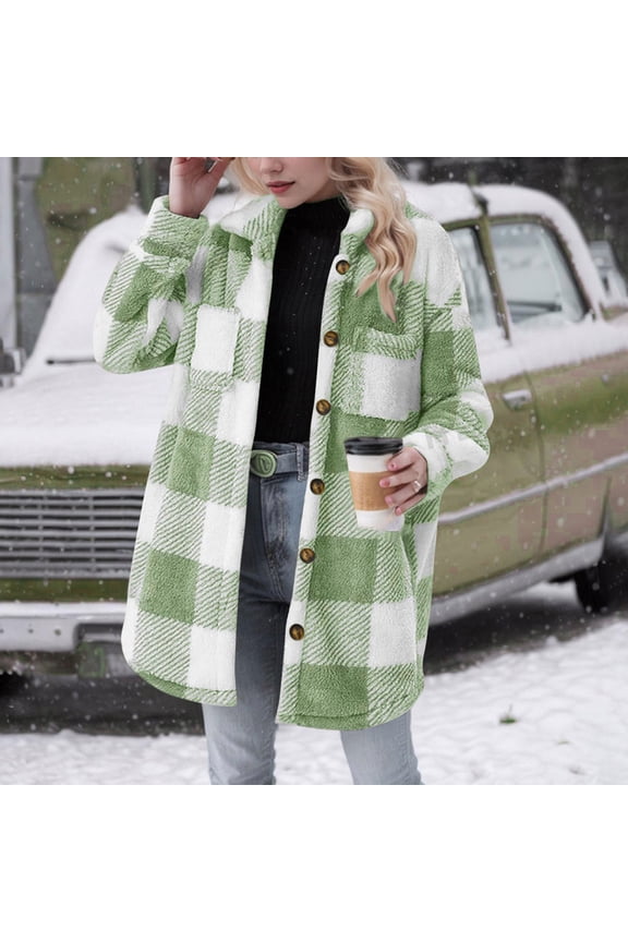Women's Checkered Pattern Lapel Pocket Button Top Long Sleeve Jacket