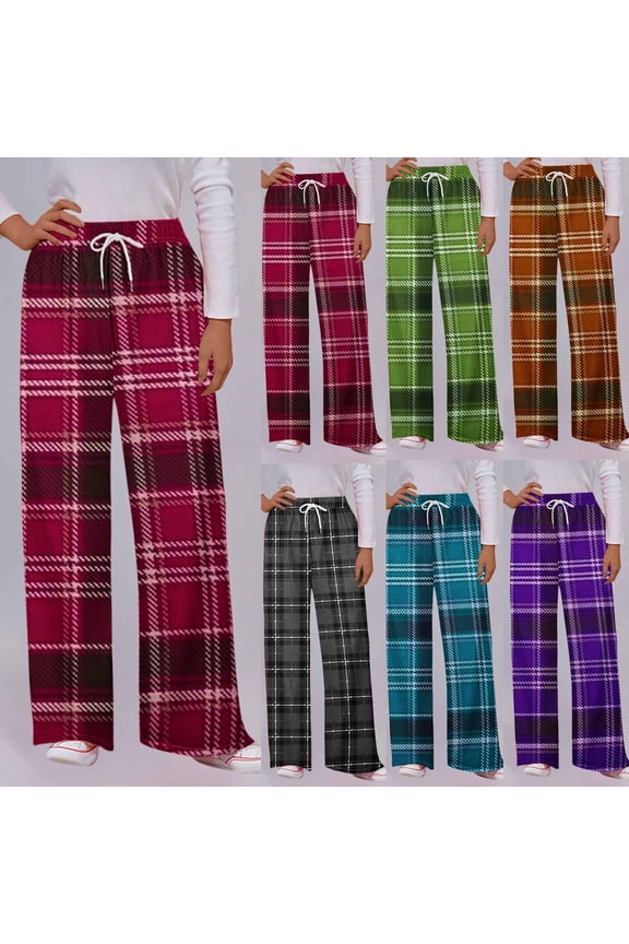 Women's Checkered Plaid Casual Pants, Trousers, Drawstring Side Pockets Sports Bottoms, Stretchy Comfy Lounge, Streetwear, Commuting, Summer Essentials | HAODEJW,Navy L