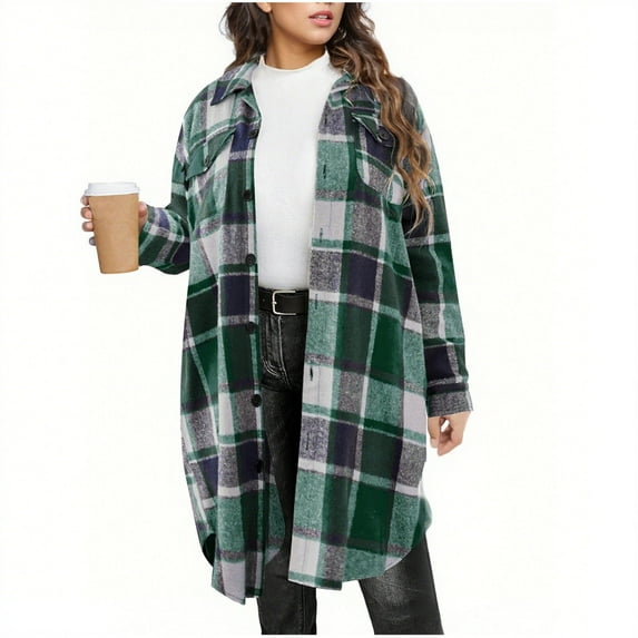Women's Checkered Print Trench Coat Open-Front Button Plaid Printed Crochet Cardigan Lounge Warm Long Sleeve Sweat Blouses Relaxed Fit Trench Jackets Coat