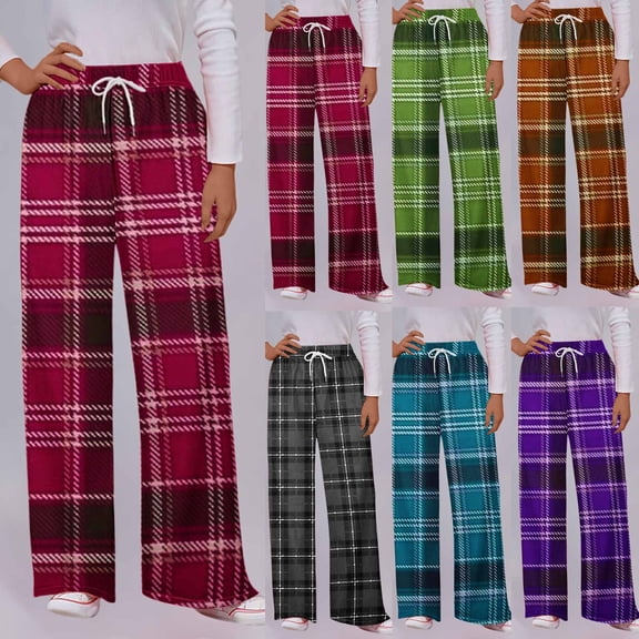 Women's Checkered Printed Casual Pants with Drawstring and Side Pockets, Trousers Slacks Bottoms, Elastic Waistband Relaxed Fit Stretchy, Plaid Pattern Soft Breathable, Lounge Home Streetwear Commuti