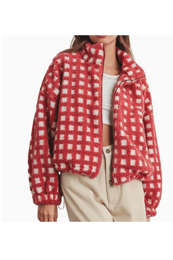 Women's Checkered Sherpa Jacket Long Sleeve Fuzzy Cropped Fleece Jackets Winter Casual Loose Teddy Outerwear Coats