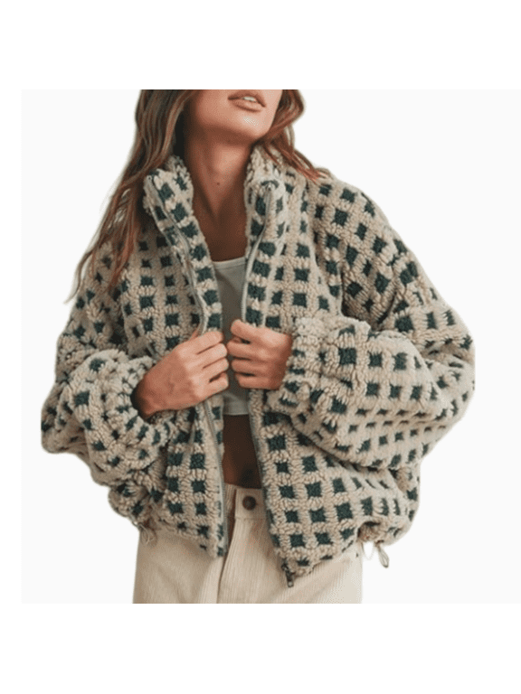 Women's Checkered Sherpa Jacket Long Sleeve Fuzzy Cropped Fleece Jackets Winter Casual Loose Teddy Outerwear Coats