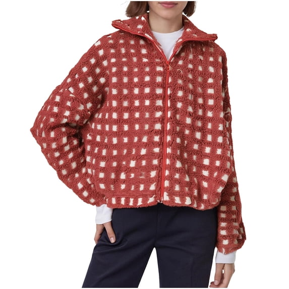 Women's Checkered Sherpa Jacket Long Sleeve Fuzzy Zip Up Cropped Fleece Coat Casual Loose Outerwear with Pockets