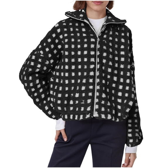 Women's Checkered Sherpa Jacket Long Sleeve Fuzzy Zip Up Cropped Fleece Coat Casual Loose Outerwear with Pockets