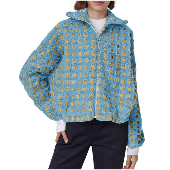 Women's Checkered Sherpa Jacket Long Sleeve Fuzzy Zip Up Cropped Fleece Coat Casual Loose Outerwear with Pockets