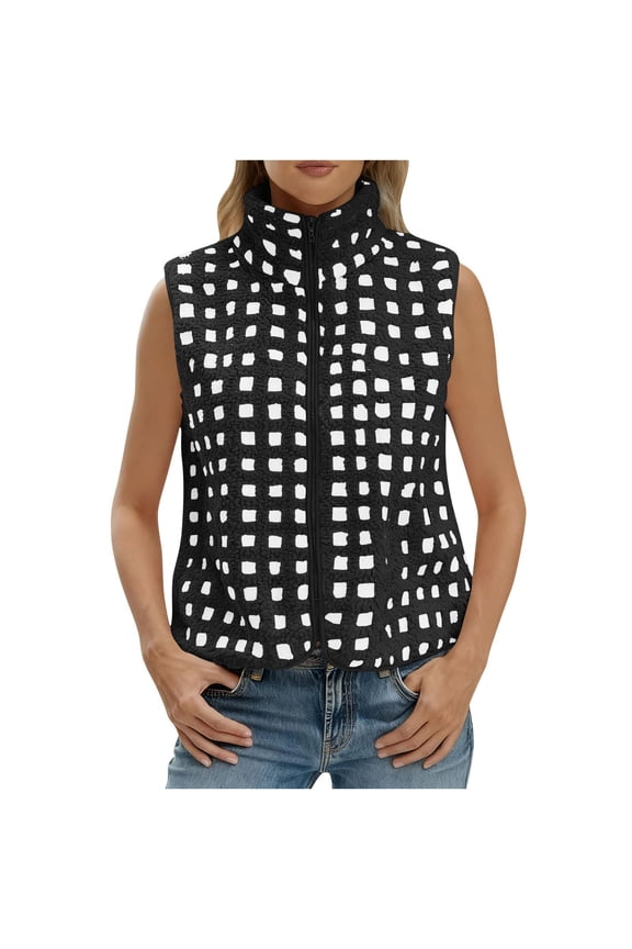 Women's Checkered Sherpa Vest Sleeveless Fleece Jacket High Neck Zip Up with Chest Pocket Winter Black