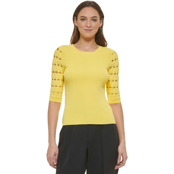 Women's Checkered-Sleeve Ribbed Crewneck Sweater Goldfinch S