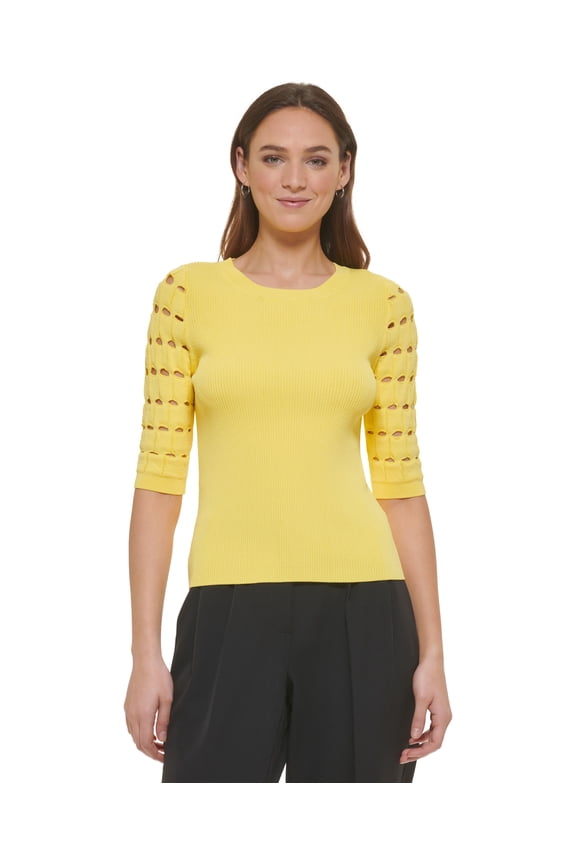 Women's Checkered-Sleeve Ribbed Crewneck Sweater Goldfinch S