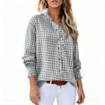 thumbnail image 1 of Women's Checkered Striped Blouse Button Down Rolled Up Long Sleeve Tops Dark Gray M, 1 of 6