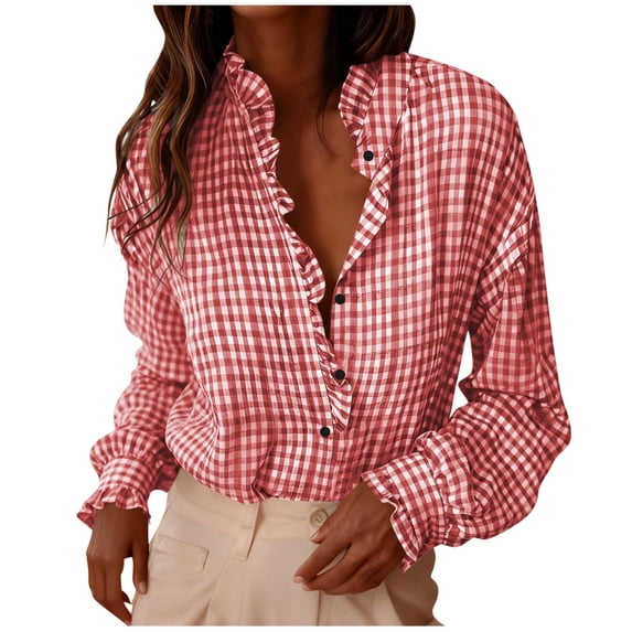 QSAWXQZ Women's Checkered Striped Blouse Button Down Rolled up Long Sleeve Tops Red L