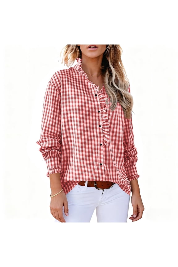 Women's Checkered Striped Blouse Button Down Rolled up Long Sleeve Tops Red M