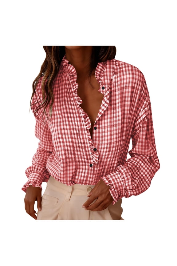 Women's Checkered Striped Blouse Button Down Rolled up Long Sleeve Tops Red XL