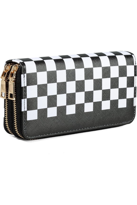 Women's Checkered Wallet, Large Capacity Highland Purse, 2 Zippers Card Cases and Money Organizers for Ladies (Grid Black)