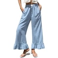 thumbnail image 1 of Women's Checkered Wide Leg Long Pants, High Waist Casual Trousers with Ruffle Hem, Loose Fit Summer Home Vacation Style Pants for Daily Wear Light Blue XL, 1 of 5