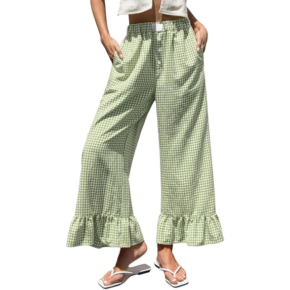 Women's Checkered Wide Leg Long Pants, High Waist Casual Trousers with Ruffle Hem, Loose Fit Summer Home Vacation Style Pants for Daily Wear Light Green S
