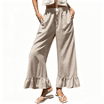 thumbnail image 1 of Women's Checkered Wide Leg Long Pants, High Waist Casual Trousers with Ruffle Hem, Loose Fit Summer Home Vacation Style Pants for Daily Wear Coffee S, 1 of 5